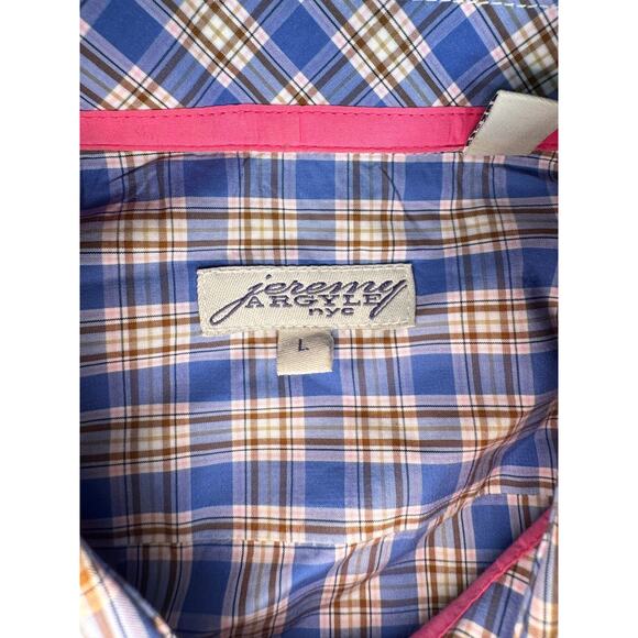 Jeremy Argyle NYC Men's sz Large Blue Tan Plaid Button Down Shrt Long Sleeve - Picture 5 of 11